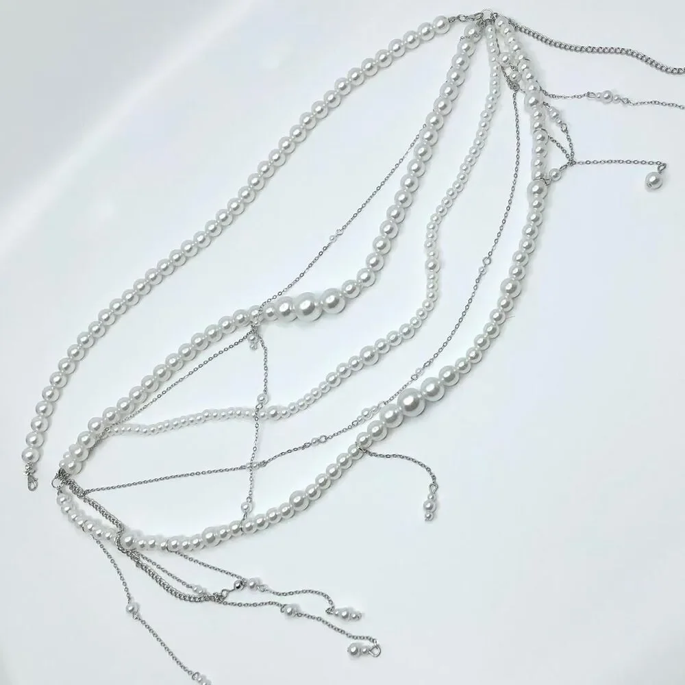 Y2K Coquette White Faux Pearl Layered Draped Chain Belt, 31.5 Inches, X7GA1139
